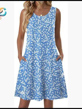 Sleeveless Casual Floral Tshirt Sundress with Pockets Loose Tank Beach Dress